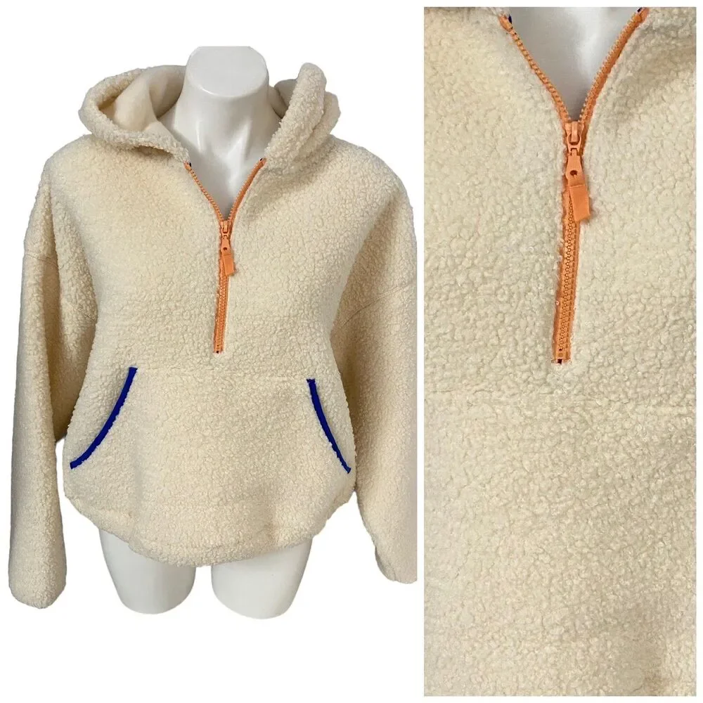Wild Fable Sherpa Jacket Womens Medium Hooded Cream Pocket Zip Cozy Pullover - Picture 4 of 16